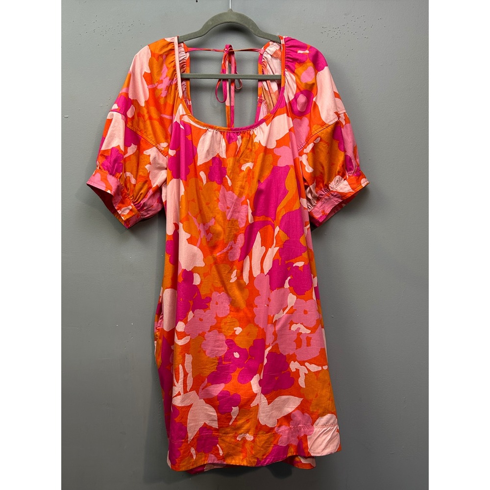 FREE ASSEMBLY Dress Womens XL Floral Square Neck Puff Sleeve‎ Tie Mini Orange